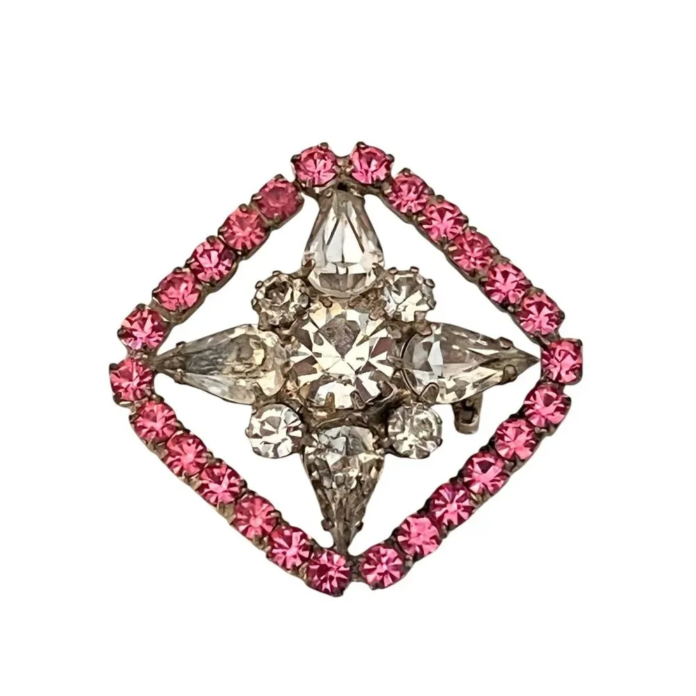 Vintage 1950s Pink Clear Rhinestone Brooch Geometric Silver Tone - 1I